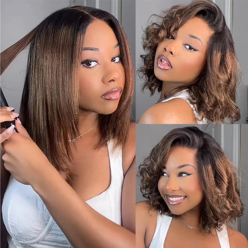 UNICE Bye Bye Knots 7x5 Pre Cut Lace Yaki Straight Bob Wig Chestnut Brown Ombre Human Hair Glueless Wig Pre Plucked Bleached Invisible Knots Natural Hairline 150 Density for Women 10 Inch - Image 2