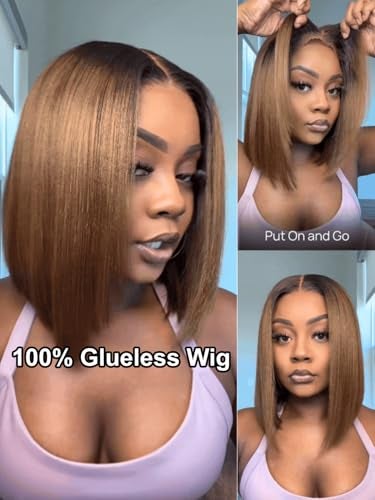 UNICE Bye Bye Knots 7x5 Pre Cut Lace Yaki Straight Bob Wig Chestnut Brown Ombre Human Hair Glueless Wig Pre Plucked Bleached Invisible Knots Natural Hairline 150 Density for Women 10 Inch - Image 3