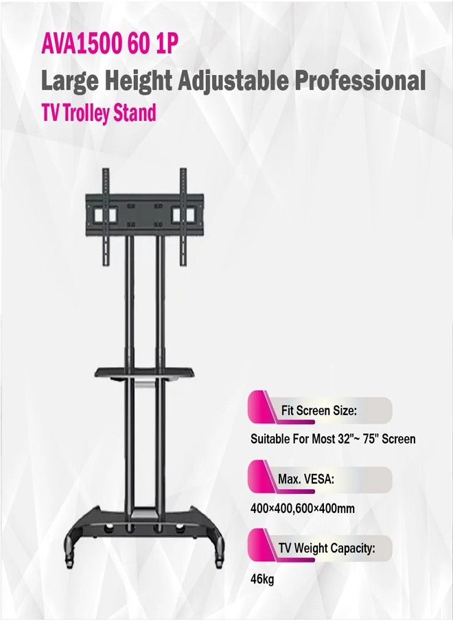 Skill Tech AVA1500 60 1P Large Height Adjustable Professional TV Trolley Stand for 32–75 Inch Screens, VESA 600x400mm, Max Load 46kg – Rolling TV Stand for Home & Office  Black  - Image 4