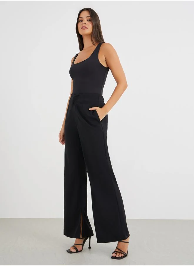 ستايلي Styli Solid Darted Waist Flared Pants with Hem Side Slit
