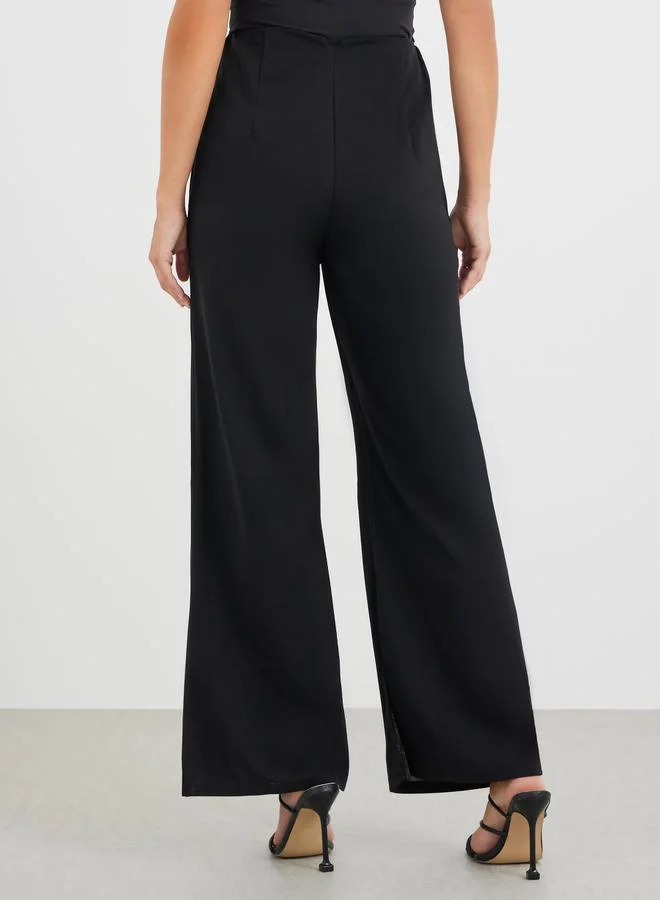 Styli Styli Solid Darted Waist Flared Pants with Hem Side Slit