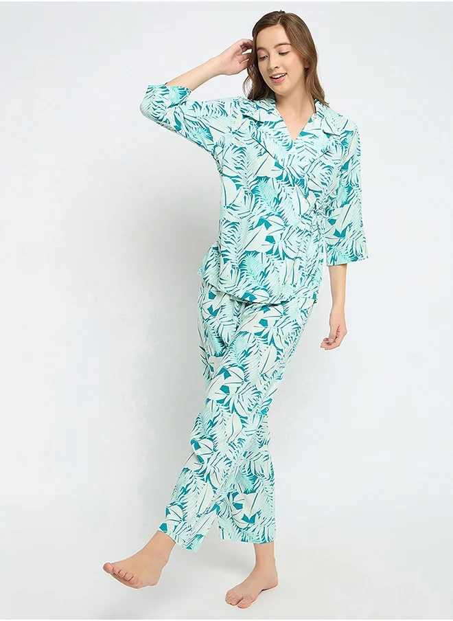 Clovia Clovia Leaf Print Top & Pyjama Set in Light Blue - Rayon