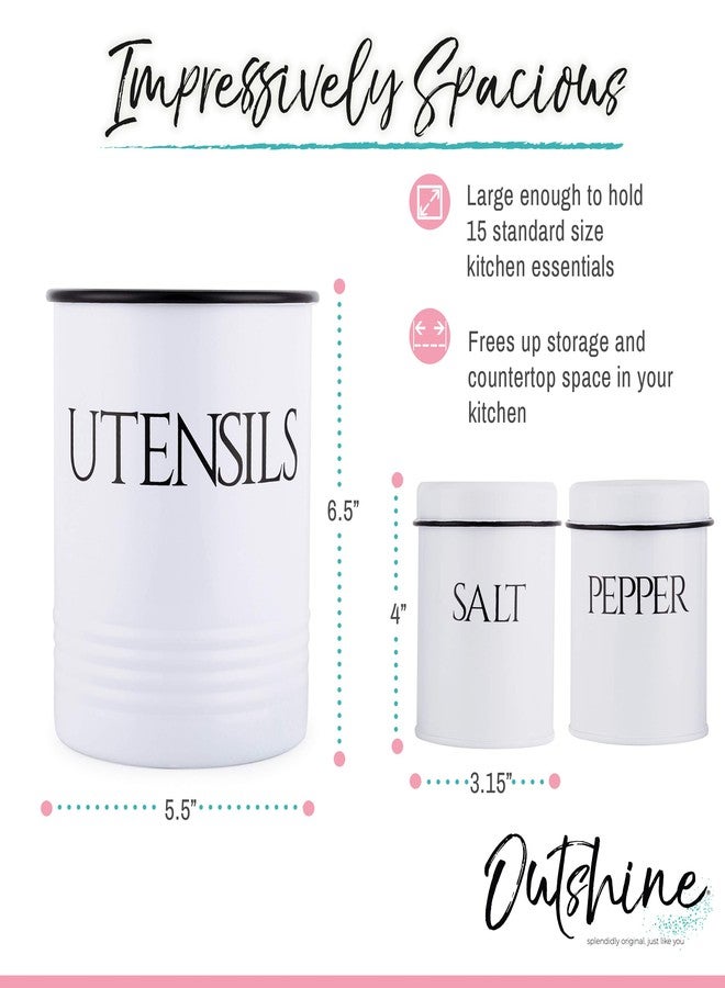 OUTSHINE Large Kitchen Utensil Holder and Farmhouse Decor with Matching Salt and Pepper Shakers, White | Chic Vintage Cooking Utensils Holder | Ideal Gift For Women, Wife, Mom, Girlfriend - Image 3