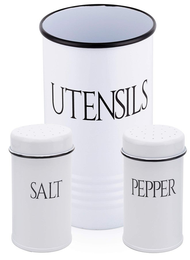 OUTSHINE Large Kitchen Utensil Holder and Farmhouse Decor with Matching Salt and Pepper Shakers, White | Chic Vintage Cooking Utensils Holder | Ideal Gift For Women, Wife, Mom, Girlfriend - Image 1