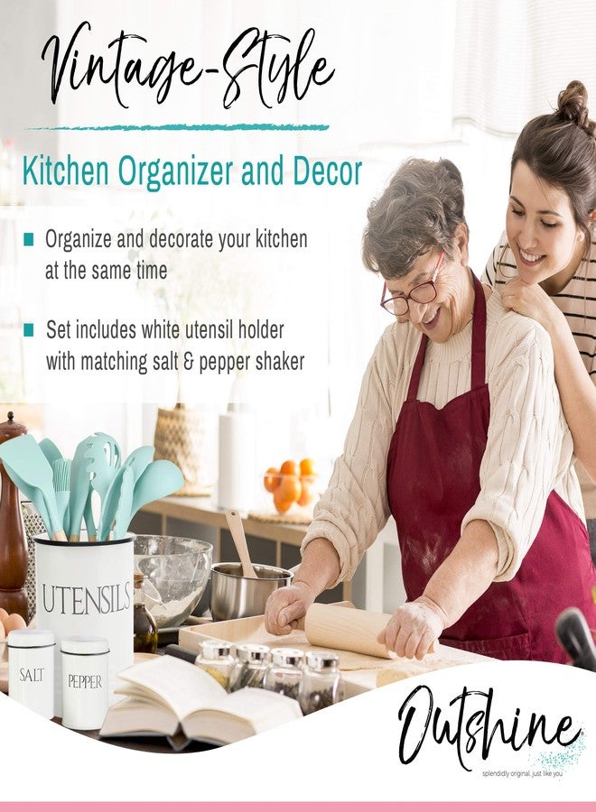 OUTSHINE Large Kitchen Utensil Holder and Farmhouse Decor with Matching Salt and Pepper Shakers, White | Chic Vintage Cooking Utensils Holder | Ideal Gift For Women, Wife, Mom, Girlfriend - Image 5