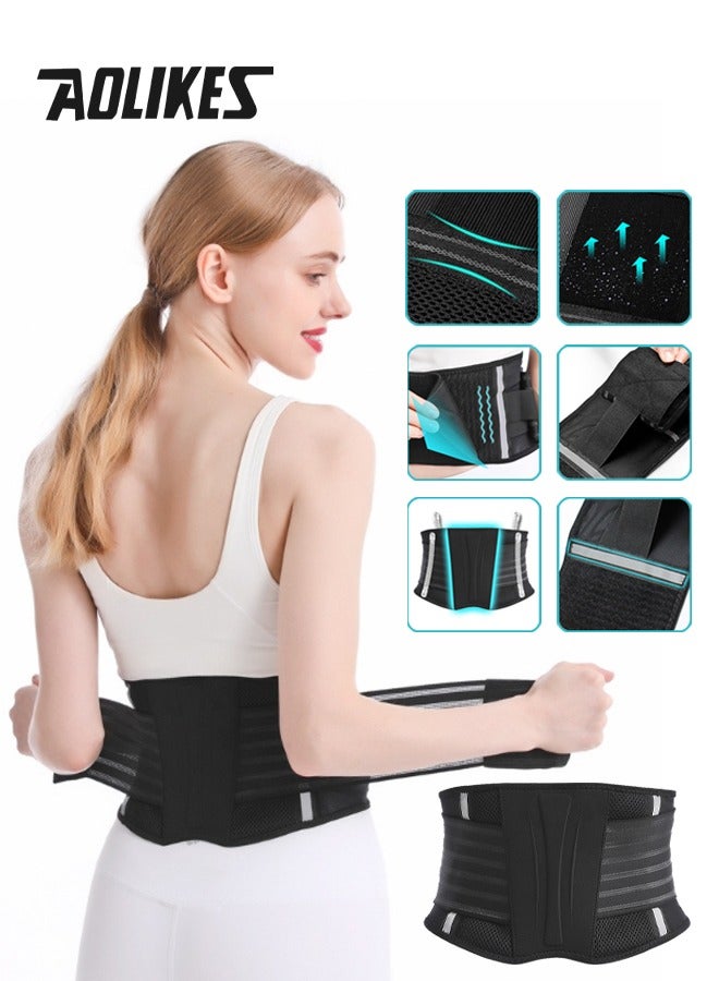 AOLIKES Waist Trimmer with Night Vision Reflective Safety Strips, Back Support Belt with 4-Spring Support for Men and Women, Breathable & Adjustable Waist Trainer for Back Pain Relief, Posture Correction and Enhanced Core Stability, Improve Posture, Ideal for Sports, Office, Daily Use (Black, L) - Image 1