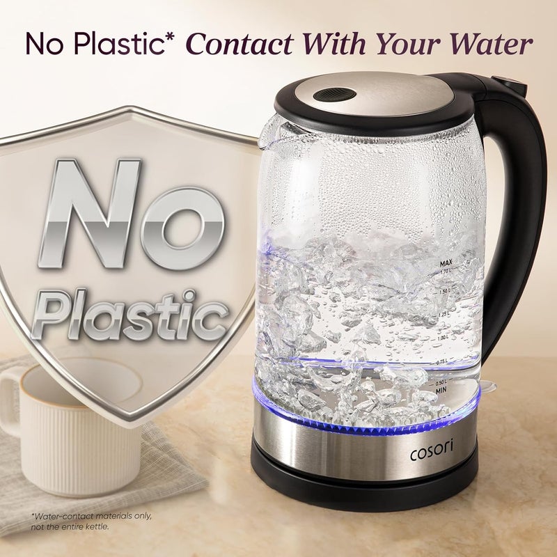 Cosori Electric Kettle 1.7L, No Plastic Contact With Water, Wide Mouth For Easy Cleaning, Auto Shut Off, Tea Kettle & Hot Water Boiler, Water Heater & Teapot, Borosilicate Glass, Black, 2200W G173 - Image 2