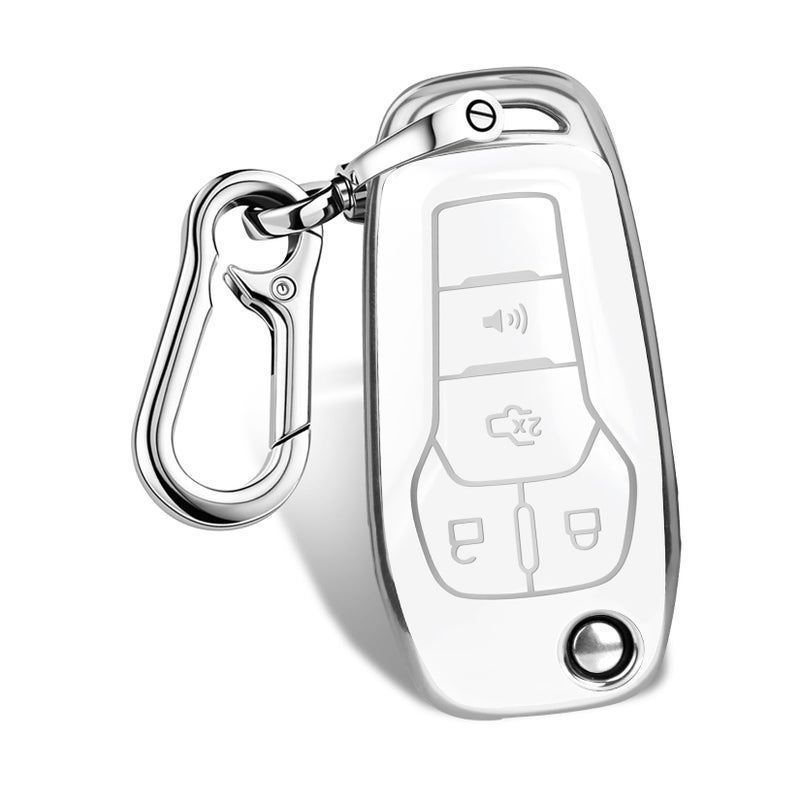 FT FUNTOR for Ford Key Cover,4 Buttons TPU Key Case with Silver Edge,Compatible with Ford Bronco F-150 F-250 F-350 F-450 F-550 Raptor Fusion Ranger Ranger XLT Figo (B-White) - Image 1