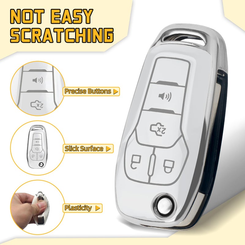 FT FUNTOR for Ford Key Cover,4 Buttons TPU Key Case with Silver Edge,Compatible with Ford Bronco F-150 F-250 F-350 F-450 F-550 Raptor Fusion Ranger Ranger XLT Figo (B-White) - Image 4