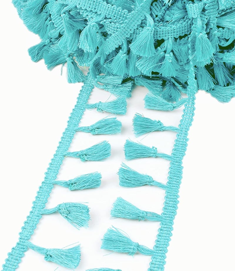 MSCFTFB 20 Yards Mini Tassel Fringe Trim,Boho Tassels Ribbon for Women,1.6inch Wide Sewing Fabric Lace for DIY Jewelry Clothing Bag Curtain Home Party Decor(Turquoise) - Image 1