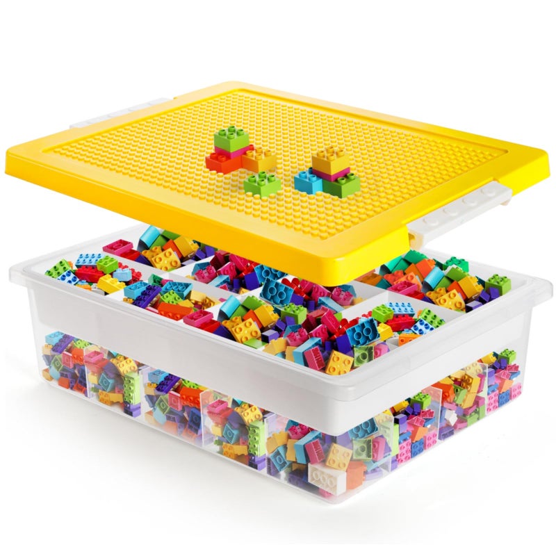 Acshio Building Block Organizer Bin, Plastic Double Layer Brick Storage Box with Building Baseplate, Stackable Art Crafts Container with Removable Divided Tray for Home, Office - Image 1