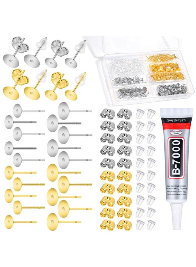 anezus Jewelry Glue with Earring Posts for Jewelry Making, 600pcs Stainless Steel Earring Posts and Backs Silver and Gold Earring Posts with Rubber Earring Backs for Earring Making Supplies - Image 1