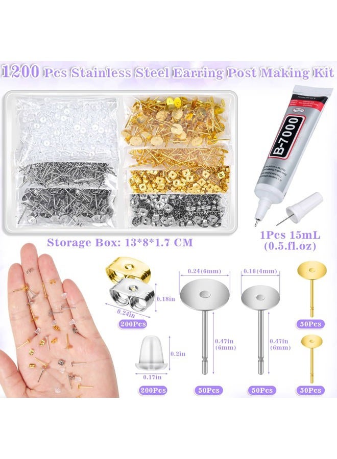 anezus Jewelry Glue with Earring Posts for Jewelry Making, 600pcs Stainless Steel Earring Posts and Backs Silver and Gold Earring Posts with Rubber Earring Backs for Earring Making Supplies - Image 3