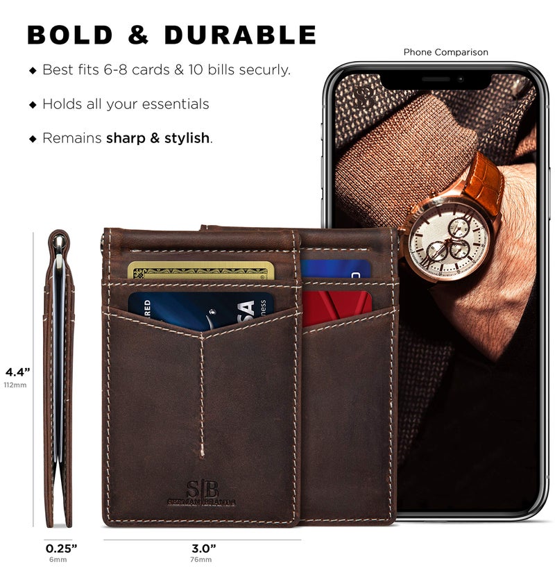 SERMAN BRANDS RFID Blocking Wallet Slim Bifold - Genuine Leather Minimalist Front Pocket Wallets for Men with Money Clip Gift (Texas Brown) - Image 3