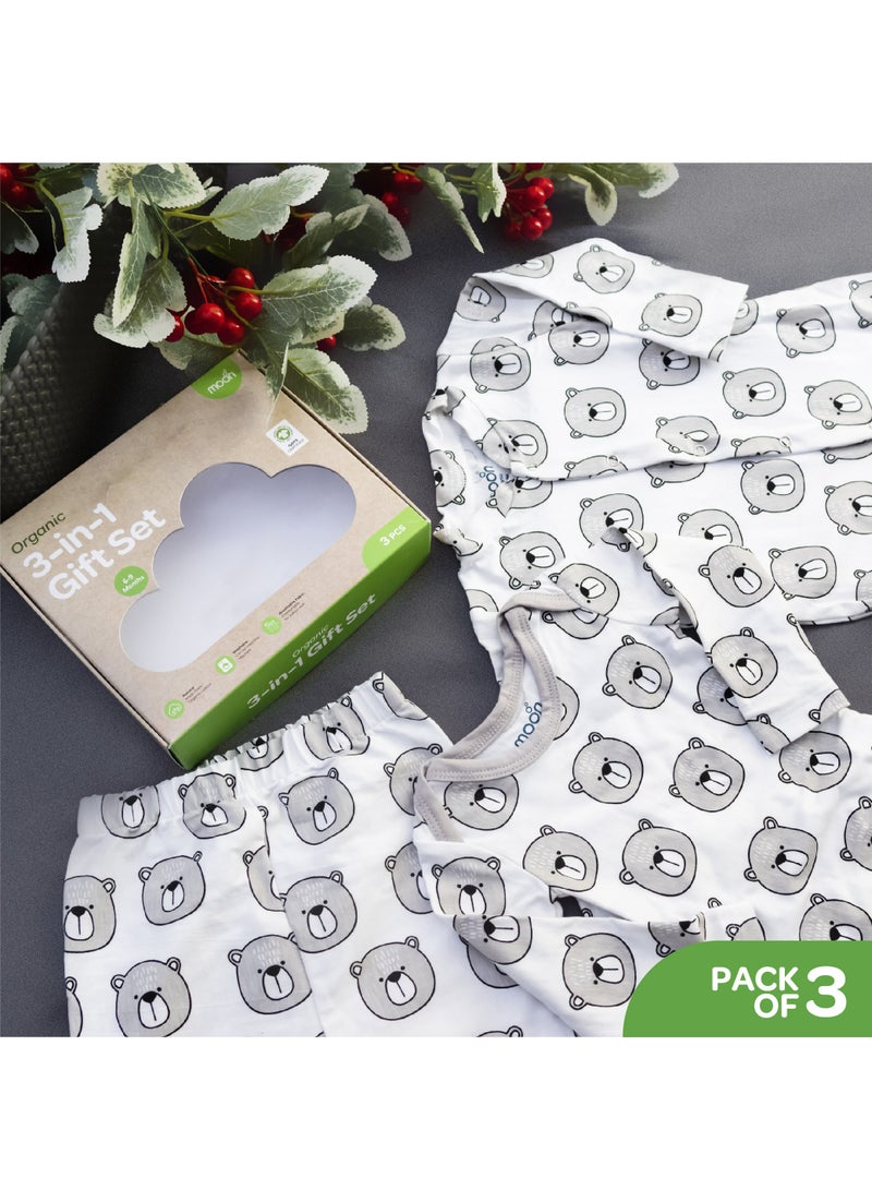 Moon Organic Baby 3 In 1 Gift Set Romper Body Suit Jogger For 0-3 Months Bear Print - Image 2