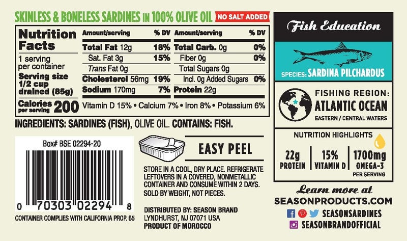Season Skinless & Boneless Sardine Fillets in 100% Olive Oil - 6-Pack, No Salt Added, Wild Caught, High in Omega-3 and Protein - Image 2