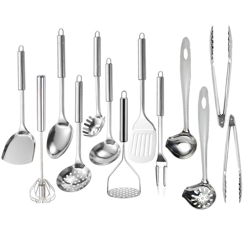 Ragyzity 304 Stainless Steel Kitchen Utensil Set 13PCS Cooking Nonstick Cookware Set Serving Utensils Cooking Utensil All Metal Cooking Spoons Comfortable Grip Stainless Steel Utensils Set - Image 2