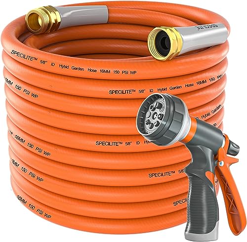 SPECILITE Garden Water Hose 200 ft x 5/8 in Heavy Duty, Flexible and Lightweight, Burst 600 psi, Kink-less Hybrid Rubber Pipe for Backyard, 3/4'' Brass Fittings, Orange - Image 1