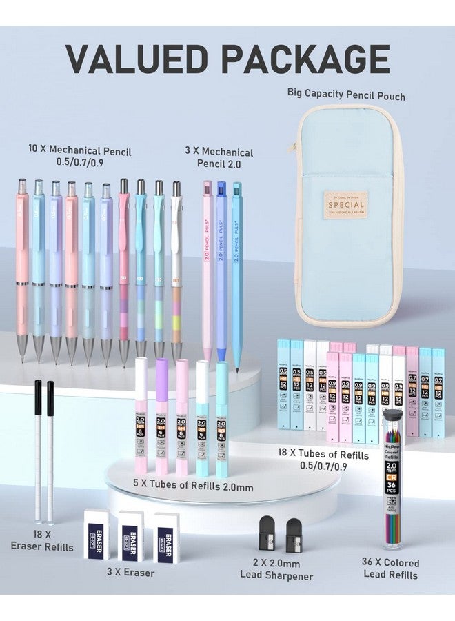 Nicpro 45Pcs Aesthetic School Supplies With Big Capacity Pen Case, Pastel Mechanical Pencils 0.5, 0.7, 0.9, 2Mm With 24 Tube Lead Refills(4B 2B Hb 2H 4H Colors) Erasers For Student Writing Drawing - Image 2