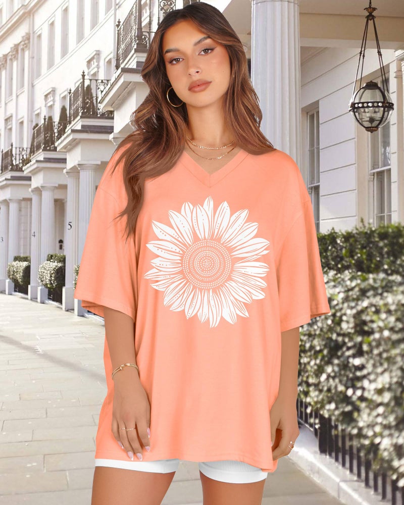 rosemia Oversized Tshirts for Women V Neck Short Sleeve Summer Casual Basic Loose Tops, Orange White Sunflower, L - Image 5