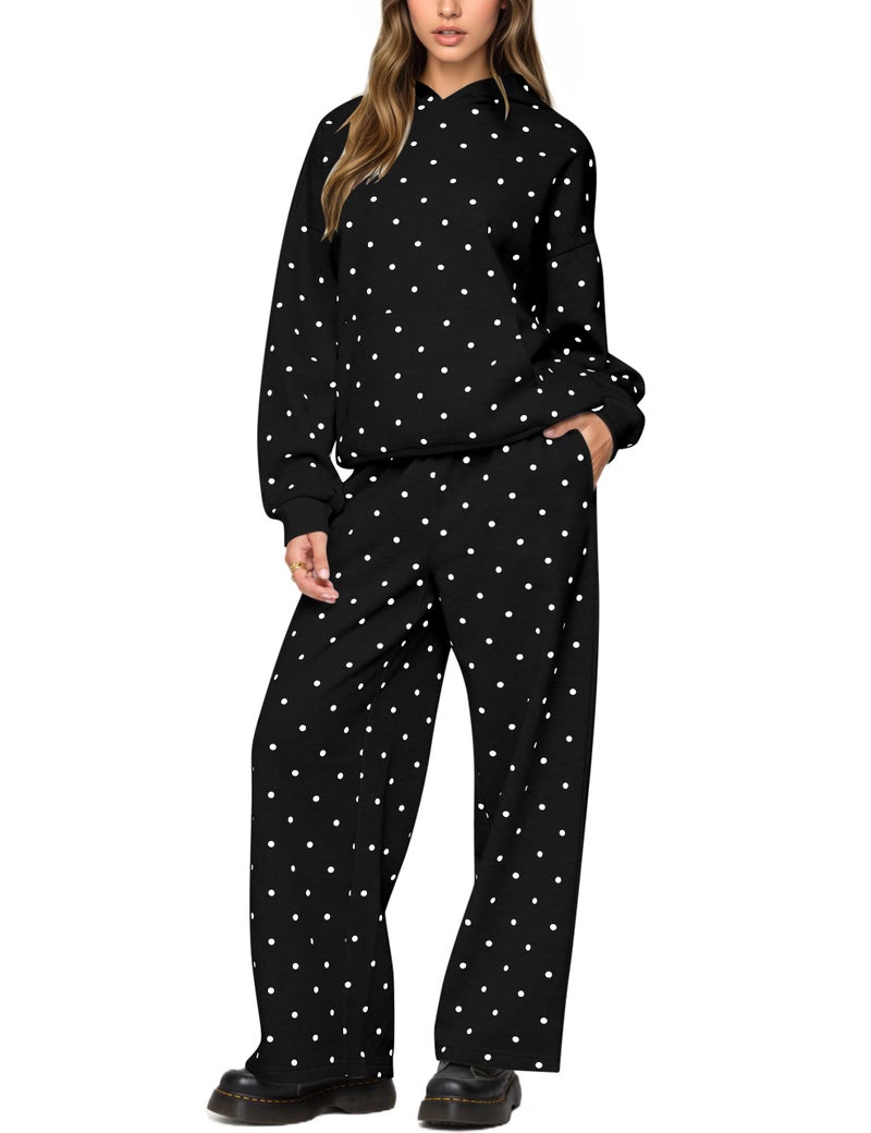 HOCANDY Polka Dot Set for Womens Sweatsuits 2 Piece Set Oversized Hooded Sweatshirts and Wide Leg Sweatpants with Pockets - Image 1