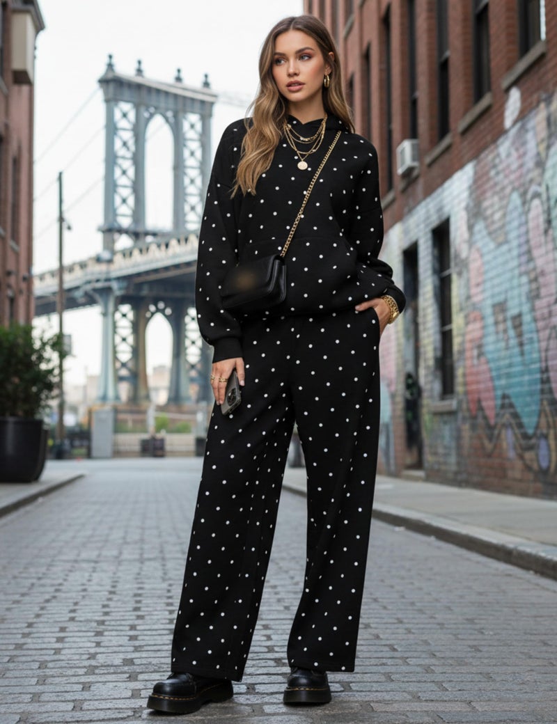 HOCANDY Polka Dot Set for Womens Sweatsuits 2 Piece Set Oversized Hooded Sweatshirts and Wide Leg Sweatpants with Pockets - Image 2