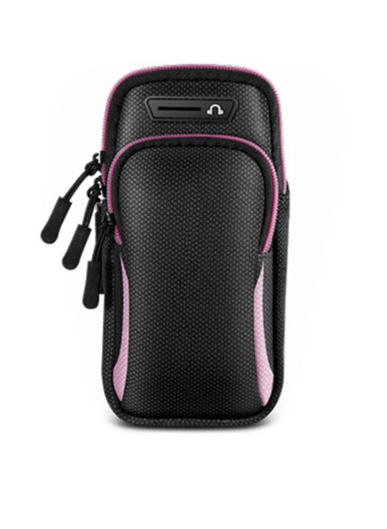 AROAQ Arm Bag, Breathable Arm Jogging Bag With Earphones Support, Outdoor Cycling Waterproof Sport Armband, Double Zip Sports Phone Bag For Running, Cycling, Hiking, Fishing, Yoga, (Black And Pink) - Image 2