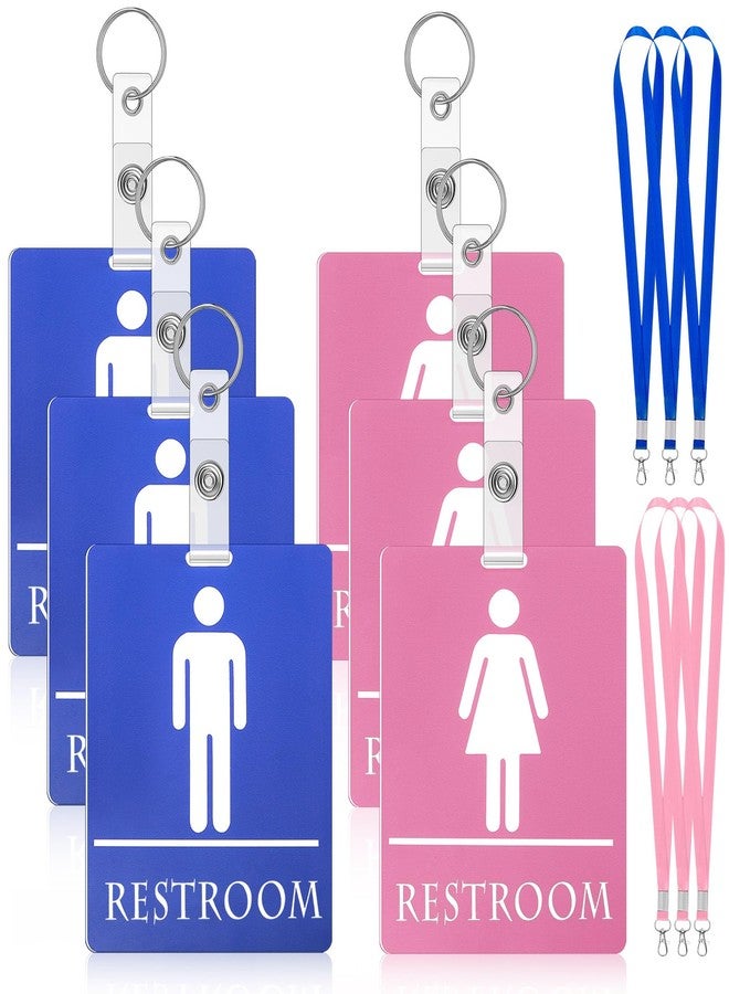 Fuyoooo 6 Set Bathroom Pass Restroom Pass with Key Holder Keychain with Lanyard PVC Blue and Pink Restroom Passes for Classrooms Women Men Students School Supplies - Image 1