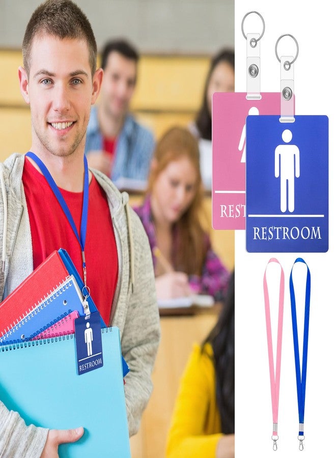 Fuyoooo 6 Set Bathroom Pass Restroom Pass with Key Holder Keychain with Lanyard PVC Blue and Pink Restroom Passes for Classrooms Women Men Students School Supplies - Image 5