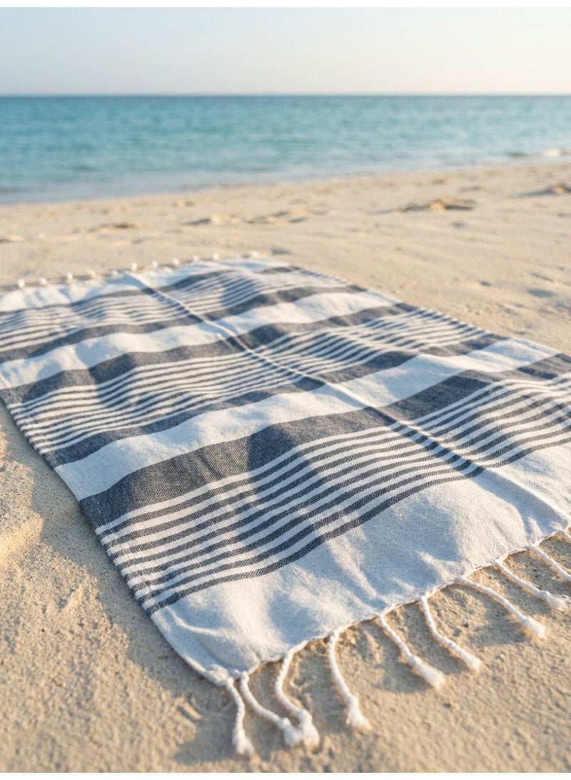 Ambrosia 90x180 cm Polycotton Turkish Fouta Towel in Charcoal Striped Flat Weave Design, Lightweight Quick Drying Multipurpose Beach Towel Bath Wrap and Outdoor Picnic Blanket - Image 2