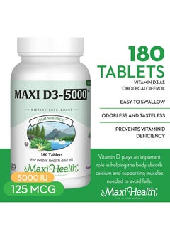 Maxi Health 5000 Iu Dietary Supplement Easy To Swallow Odorless & Tasteless Supports Calcium Absorption Immune Health And Bone Health In Adult Women & Men 180 Tablets By Maxi Health  - Image 2