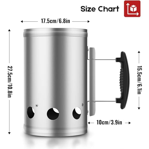 BEAU JARDIN BBQ Charcoal Chimney Starter 11"X7" Heavy Duty for Charcoal Grills Lighter Coal Fire Starter Barbecue Galvanized Steel Quick Rapid Compact Outdoor Cooking BBQ Tools Accessories Silver - Image 2
