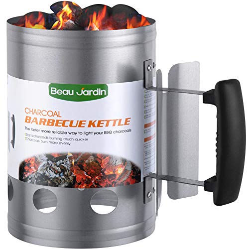 BEAU JARDIN BBQ Charcoal Chimney Starter 11"X7" Heavy Duty for Charcoal Grills Lighter Coal Fire Starter Barbecue Galvanized Steel Quick Rapid Compact Outdoor Cooking BBQ Tools Accessories Silver - Image 1