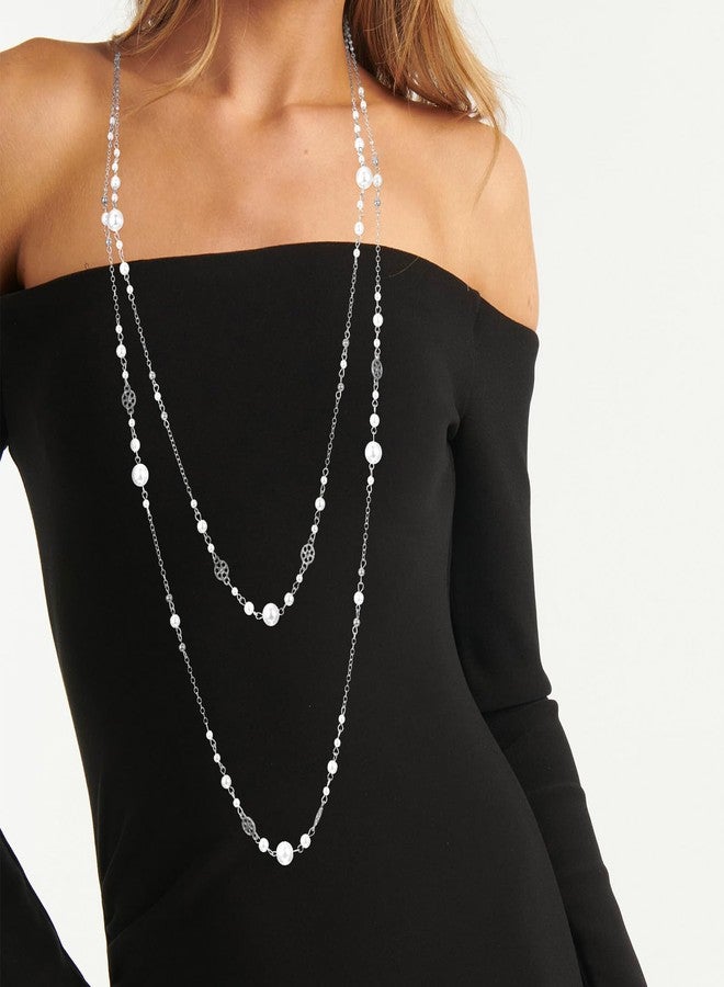 Yolev 2Pcs Long Pearl Necklaces for Women Silver Dainty Beaded Pearl Layered Necklaces for Women Long Necklace Statement Sweater Strand Chain Jewelry For Party Wedding - Image 5