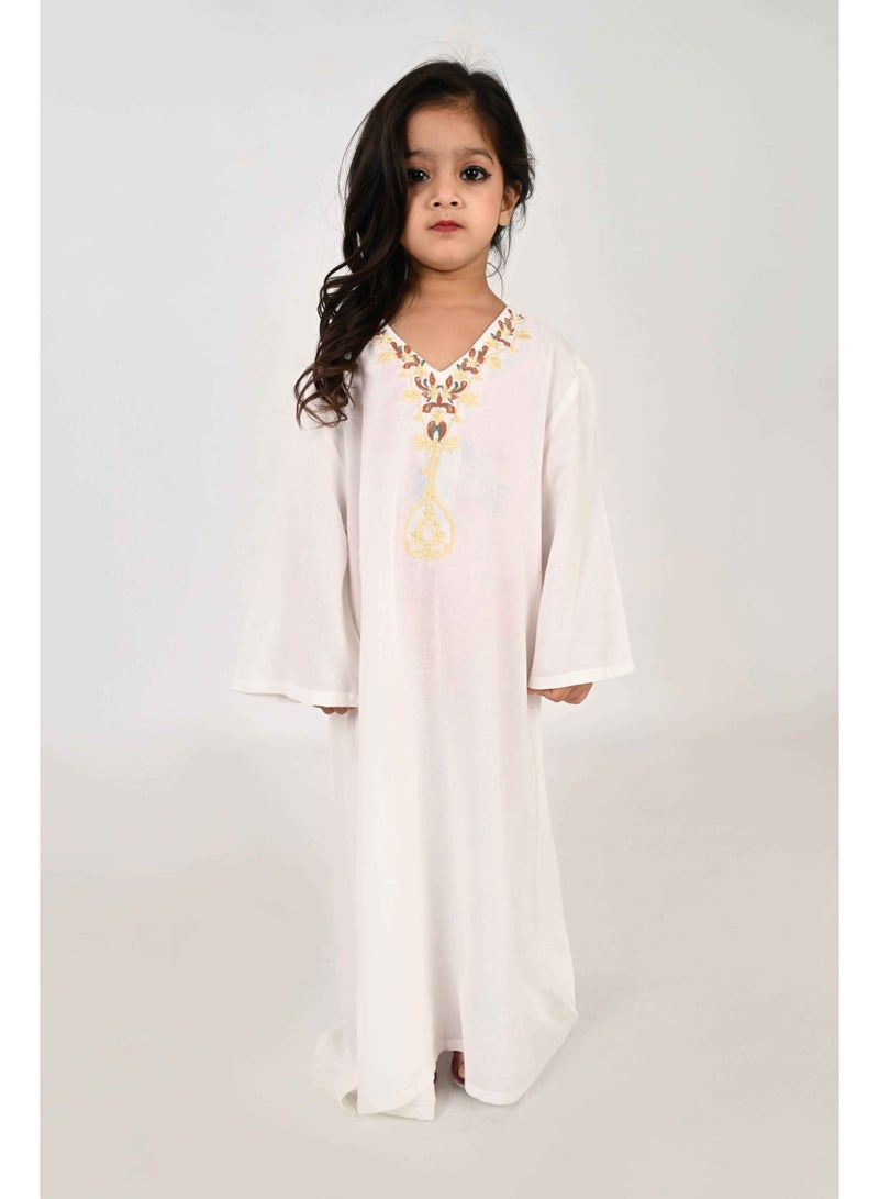Linelle Kids Jalabiya – White Rayon Maxi with Full Loose Sleeves and Embroidery Detailing - Image 1
