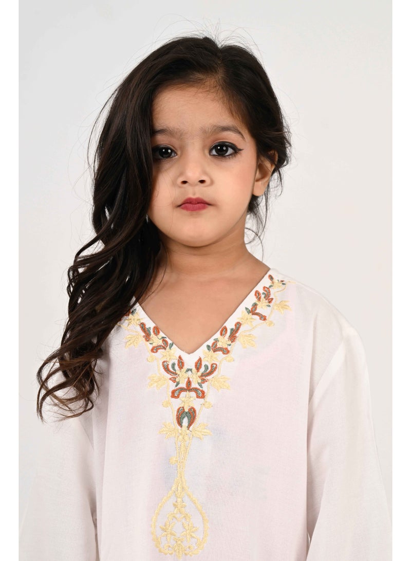 Linelle Kids Jalabiya – White Rayon Maxi with Full Loose Sleeves and Embroidery Detailing - Image 2