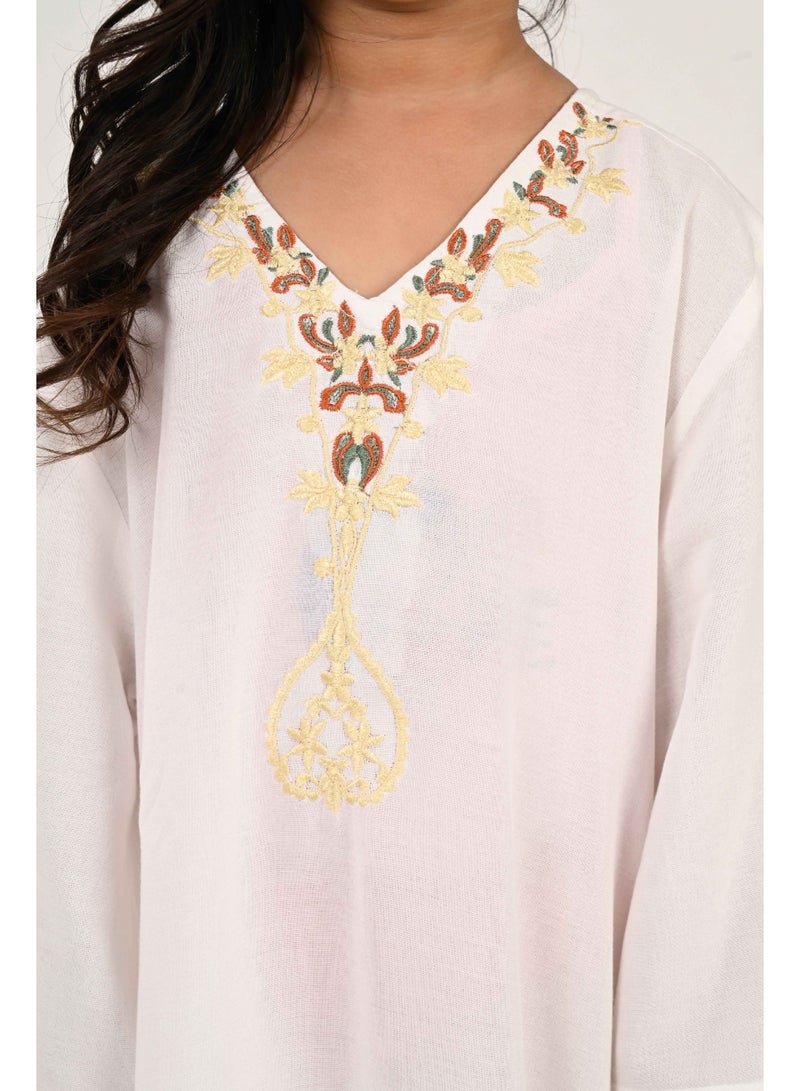 Linelle Kids Jalabiya – White Rayon Maxi with Full Loose Sleeves and Embroidery Detailing - Image 3
