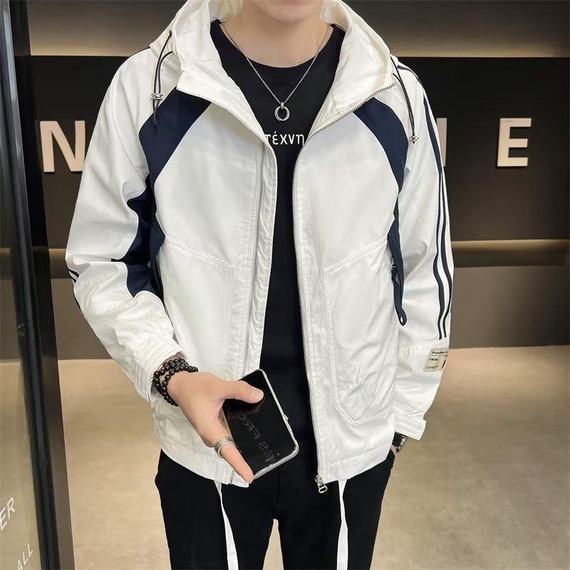 Cross-border Autumn Color Matching Striped Charge Clothes Mens New All-match Hooded Top Fashion Handsome Loose Casual Clip White