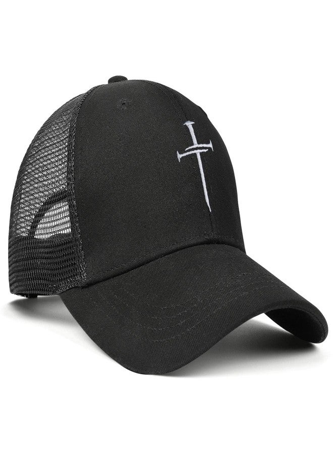 singwe Christian Hats Nail Cross Jesus Hat Black Embroidered Baseball Cap Adjustable Cross Hat Trucker Hats for Men Women - Image 3