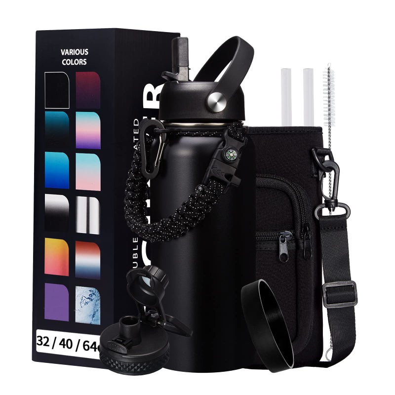 32-40-64OZ Stainless Steel Water Bottle - Black Water Bottle with Straw & Spout Lid  Paracord Handle & Bottle Sleeve  Insulated Vacuum Water Flask Double-Wall Metal Thermo Cup Canteen for Gym School