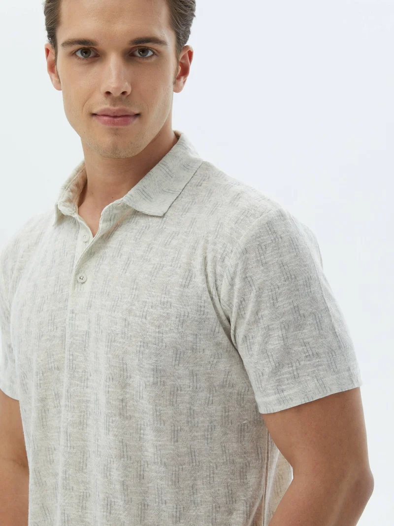 كيب Ecru Printed Polo Collar Cotton Blend T-Shirt