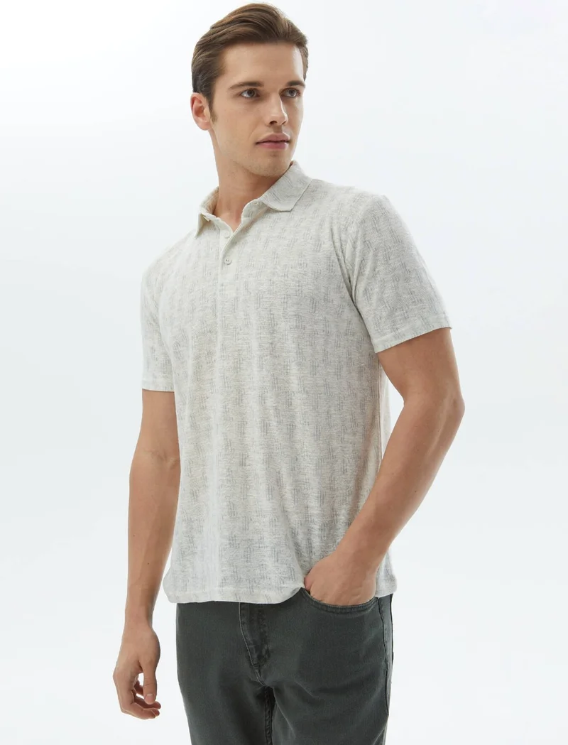كيب Ecru Printed Polo Collar Cotton Blend T-Shirt