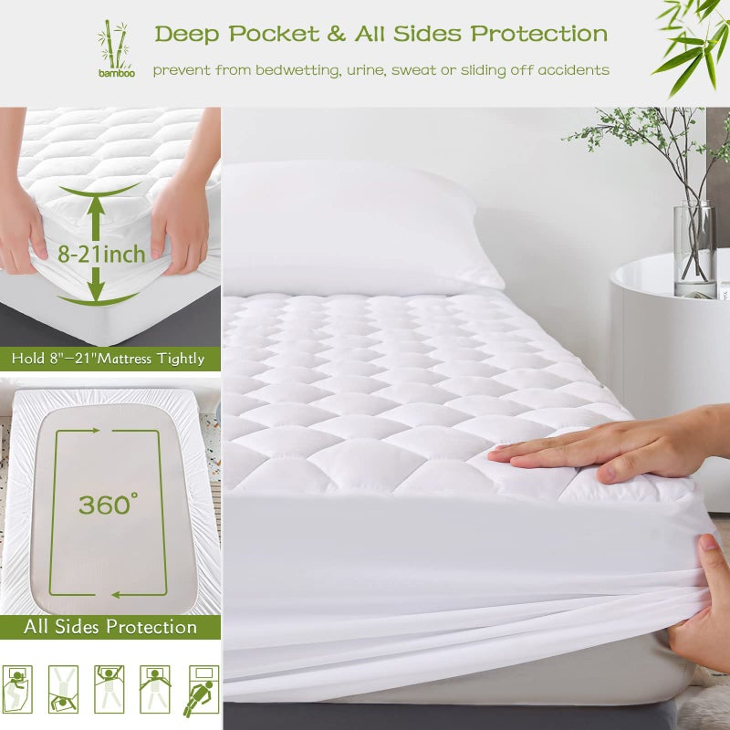 جي آر تي GRT Queen Mattress Protector Rayon Rayon من الخيزران تبريد مبطن ملتوية مرتبة مرتبة على عزل غطاء مرتبة مقاومة للماء يناسب ما يصل إلى 21 "" Deep Dust Proof White - Image 4
