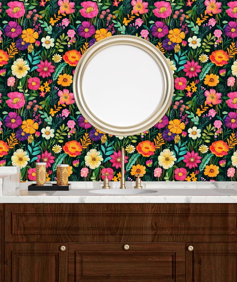 BOKEBEVE Watercolor Floral Wallpaper Peel and Stick Colorful Contact Paper Green Boho Renter Friendly Wall Paper for Countertop Cabinet Wall Shelf Bathroom Removable 17.5 x 118In - Image 3