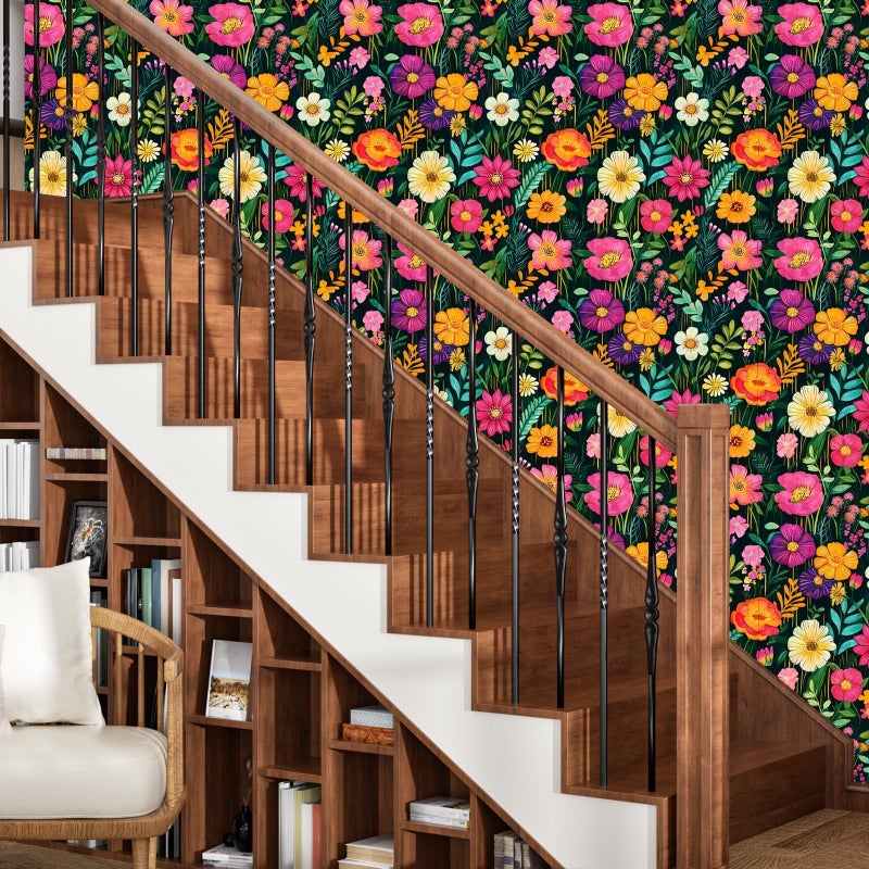 BOKEBEVE Watercolor Floral Wallpaper Peel and Stick Colorful Contact Paper Green Boho Renter Friendly Wall Paper for Countertop Cabinet Wall Shelf Bathroom Removable 17.5 x 118In - Image 5