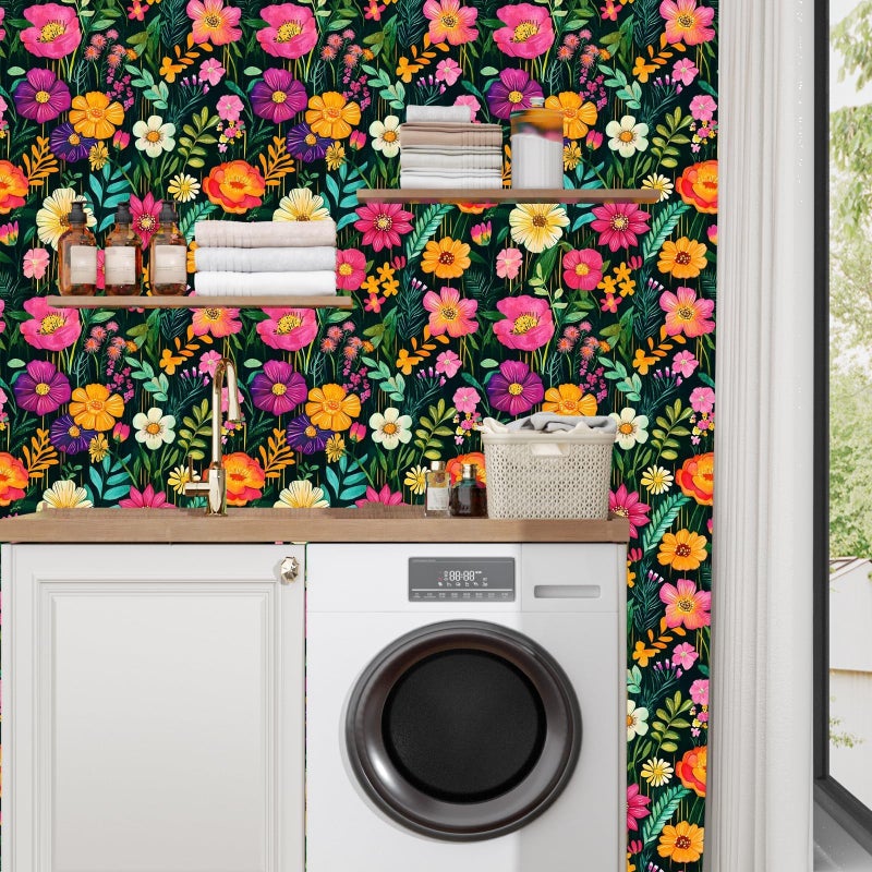 BOKEBEVE Watercolor Floral Wallpaper Peel and Stick Colorful Contact Paper Green Boho Renter Friendly Wall Paper for Countertop Cabinet Wall Shelf Bathroom Removable 17.5 x 118In - Image 2