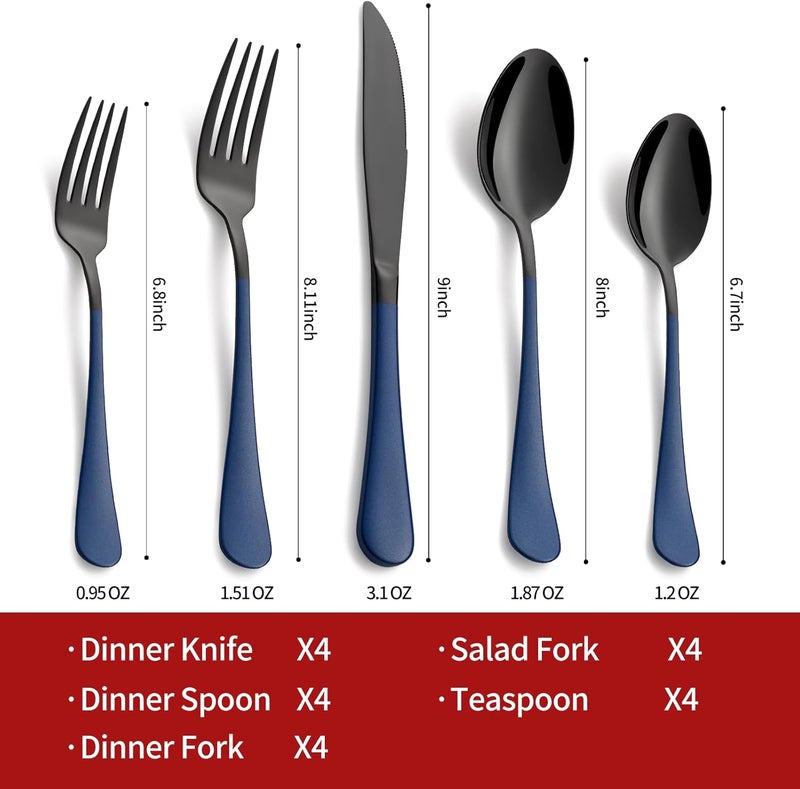 Onlycooker 20Piece Black Silverware Set 180 Stainless Steel Flatware Sapphire Blue Handle Cutlery Set Service for 4 Dinner Knives Forks Spoons Set Mirror Finish Dishwasher Safe - Image 2