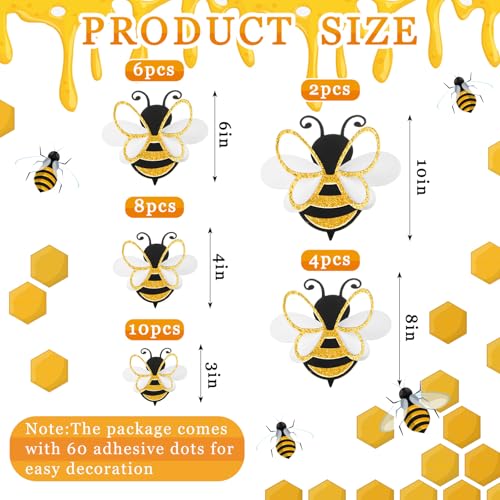 Feifeiya 30 Pcs 3D Bee Decoration 5 Sizes Honey Bumble Wall Sticker Decor for Classroom Large Glitter Bee Themed Decals Confetti Cute Adhesive Birthday Baby Shower Outdoor Home GardenClassic Style - Image 3