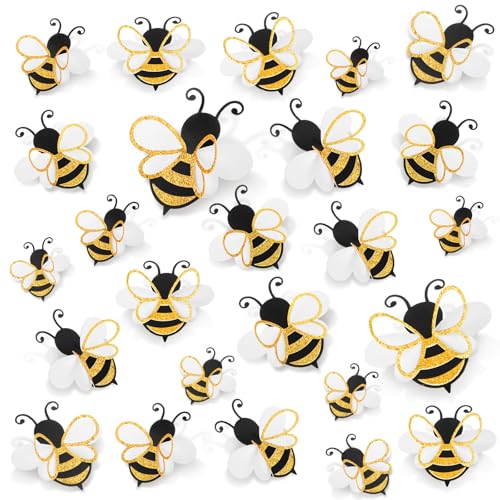 Feifeiya 30 Pcs 3D Bee Decoration 5 Sizes Honey Bumble Wall Sticker Decor for Classroom Large Glitter Bee Themed Decals Confetti Cute Adhesive Birthday Baby Shower Outdoor Home GardenClassic Style - Image 1