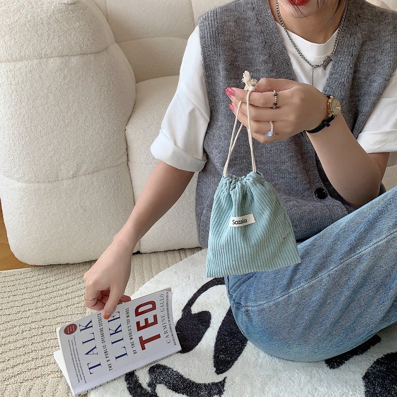 Corduroy Pouch Drawstring Makeup Bag for Women Light Blue Gray 